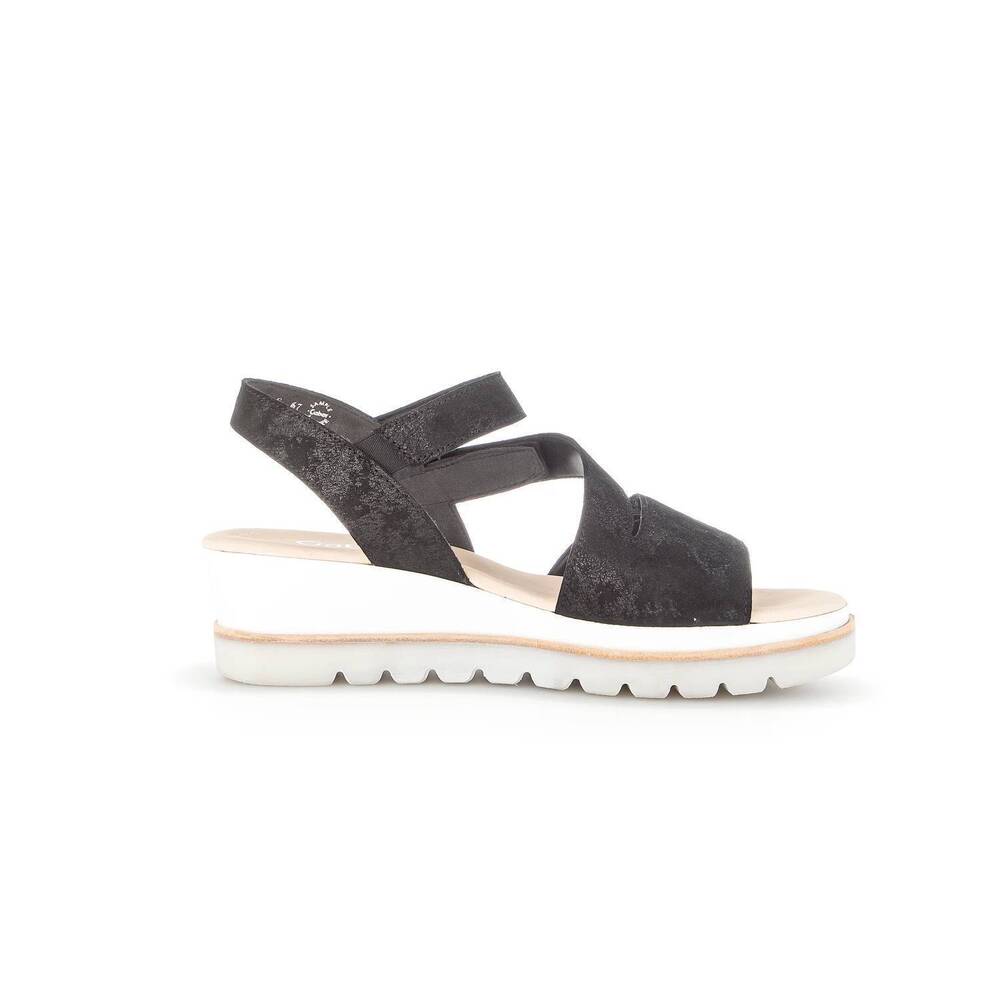 NEW GABOR women's quarter strap wedge velcro sandal in black metallic sheen